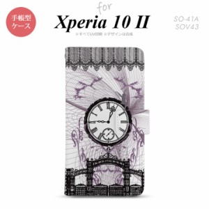Xperia10 II 手帳型 スマホケース 全面印刷 おしゃれ ストラップホール有り 時計 妖精 黒