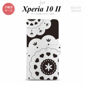 Xperia10 II 手帳型 スマホケース 全面印刷 おしゃれ ストラップホール有り レース クリア 黒