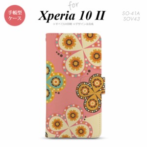 Xperia10 II 手帳型 スマホケース 全面印刷 おしゃれ ストラップホール有り エスニック 花柄 ピンク ベージュ