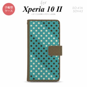 Xperia10 II 手帳型 スマホケース 全面印刷 おしゃれ ストラップホール有り ドット 水玉 青緑 茶