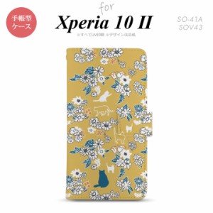 Xperia10 II 手帳型 スマホケース 全面印刷 おしゃれ ストラップホール有り 猫 花 黄