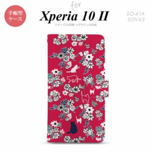 Xperia10 II 手帳型 スマホケース 全面印刷 おしゃれ ストラップホール有り 猫 花 赤