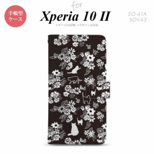 Xperia10 II 手帳型 スマホケース 全面印刷 おしゃれ ストラップホール有り 猫 花 黒