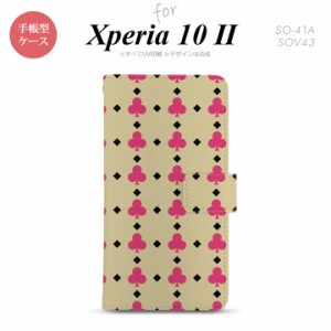 Xperia10 II 手帳型 スマホケース 全面印刷 おしゃれ ストラップホール有り トランプ クラブ ベージュ ピンク