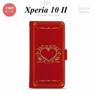 Xperia10 II 手帳型 スマホケース 全面印刷 おしゃれ ストラップホール有り ハート 飾り 赤 金
