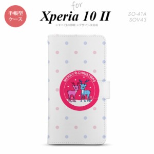 Xperia10 II 手帳型 スマホケース 全面印刷 おしゃれ ストラップホール有り トナカイ ワッペン ピンク