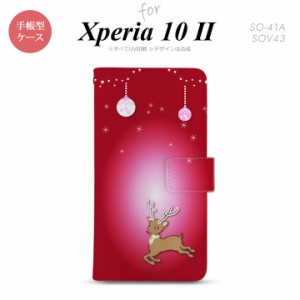 Xperia10 II 手帳型 スマホケース 全面印刷 おしゃれ ストラップホール有り トナカイ 赤