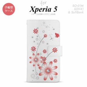 SO-01M SOV41 Xperia5 手帳型 スマホケース カバー SONY ソニー 花柄 ガーベラ 透明 赤