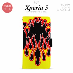 SO-01M SOV41 Xperia5 手帳型 スマホケース カバー SONY ソニー ファイヤー 炎 黒 黄