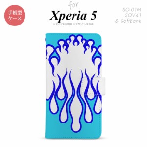 SO-01M SOV41 Xperia5 手帳型 スマホケース カバー SONY ソニー ファイヤー 炎 白 青
