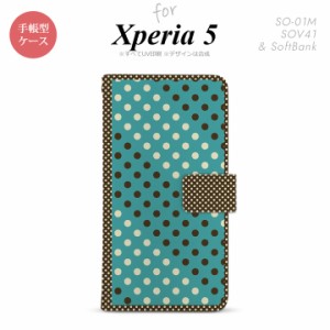 SO-01M SOV41 Xperia5 手帳型 スマホケース カバー SONY ソニー ドット 水玉 青緑 茶