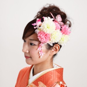 【髪飾り】【販売品】お花 白 ピンク 蝶 パール アクセ 結婚式 髪かざり-b16