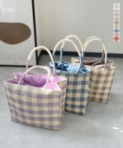 秋新作 あったか_f ギフト チェックボックストートバッグ B1464 入荷済 レディース 雑材バッグ かごバッグ チェック柄 サマートート マチ