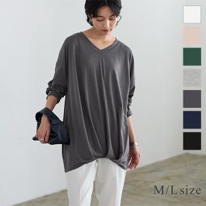 冬新作 裾タックカットソーロンT C3995 入荷済 レディース トップス Tシャツ ロング 長袖 シンプル ベーシック ゆったり 無地 大人 V テ