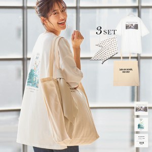 春新作 3点SET ビッグT+キャンバスBag+スカーフ C4598 入荷済 レディース ロゴT フォトT シンプル ドット柄 綿100% 半袖 share_lfashion