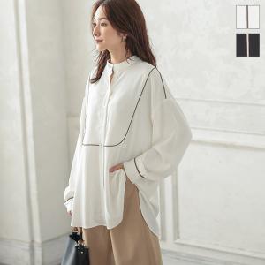 秋新作 あったか_f ギフト パイピング切替シャツ C5646 入荷済 レディース トップス 長袖 大人 ゆったり リラックス きれいめ 白 黒 秋