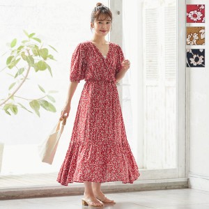 秋新作 小花柄カシュクールワンピース E2850 入荷済 レディース ロング丈 5分袖 大人可愛い フェミニン 上品 黒 夏