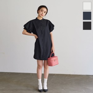 ボリュームスリーブミニワンピース E3164 入荷済 レディース デザインスリーブ 半袖 バンドカラー 多ボタン デート チュニック