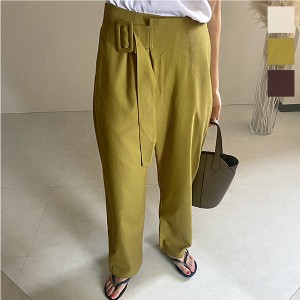 秋新作 ベルト付きラップパンツ M3386 入荷済 レディース ロング丈 ボトムス 巻き 麻混 涼しげ 夏 無地 ベルト付き