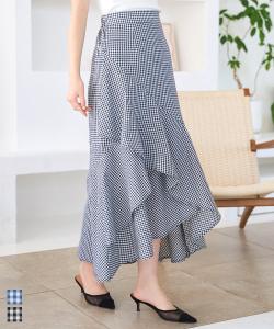 ルネ Rene フレアスカート ミモレ ロング ギンガムチェック柄 黒 白