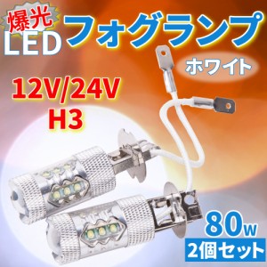 12V / 24V H3 爆光 LED フォグランプ 80W 2個 セット ホワイト ライト カスタム ドレスアップ パーツ