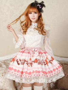 甘いピンクロリータショートスカート　2021　ケーキアイスクリームプリント　レース　トリム　アイドル衣装
