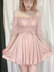 甘いロリータ衣装ピンクのレースアップ長袖ポリエステルロリータワンピースドレス