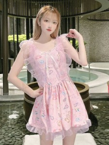 甘いロリータ衣装ピンクのアニマルプリントノースリーブワンピースドレス水着
