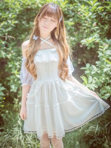 甘いロリータワンピース　姫ロリ　お嬢さん　レースフリル　ロリータジャンパースカート　シフォンアイドル衣装　リボン