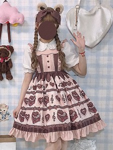 Sweet Lolita JSKドレスチョコレートラブソングプリントフリルピンクロリータジャンパースカート
