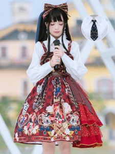 甘いロリータJSKドレス　赤黒　ポリエステル　ネクタイ　アイドル服　ロリータジャンパースカート