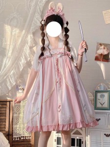 甘い中国風ロリータJSKドレス2ピースセットピンク半袖フリルロリータジャンパースカート衣装