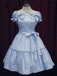 女性のためのライトスカイ ブルー弓コットン カントリーロリータ ドレス