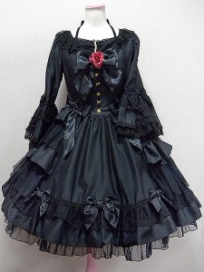 ゴスロリワンピースOP　ブラック　ロング姫スリーブ　レースフリル　リボン　ボタンロリータワンピースワンピース　レットフラワーアイド