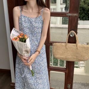 韓国 韓国ファッション レディース 花柄 スリット ミドル丈 ワンピース