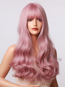 女性のための長いかつらピンクの巻き毛の耐熱繊維乱れた長い合成かつら