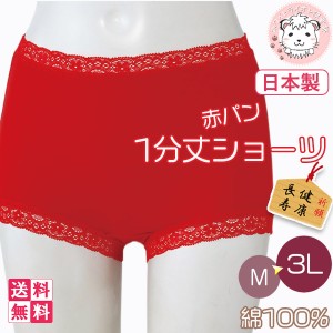 赤パンツ 赤いパンツ 1分丈ショーツ 日本製 赤下着 ショーツ 深め レース 綿100% レディース 赤ショーツ M/L/LL/3L おためし