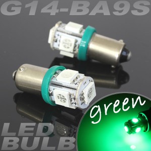 5連 SMD LEDバルブ BA9S (G14) グリーン 緑 口金 2個セット スモール ポジション ストップ ナンバー ルーム インジケーター 警告灯 マッ