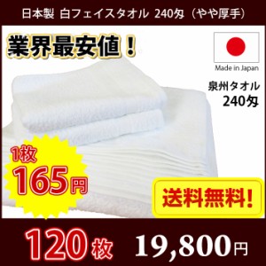 【送料無料】業界最安値！ 120枚セット 日本製 泉州 白タオル やや厚手 240匁 / タオル 普通のタオル 白いタオル 業務用タオル フェイス 