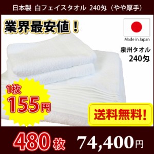 【送料無料】業界最安値！  480枚セット 日本製 泉州 白タオル やや厚手 240匁 / タオル 普通のタオル 白いタオル 業務用タオル フェイス