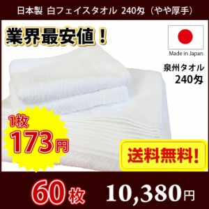 【送料無料】業界最安値！ 60枚セット 日本製 泉州 白タオル やや厚手 240匁 / タオル 普通のタオル 白いタオル 業務用タオル フェイス 