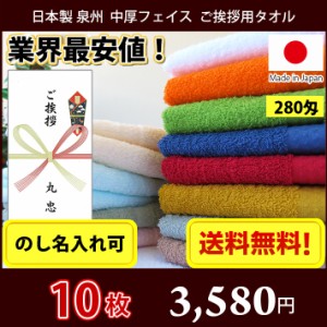 【送料無料】小口 10枚セット 引っ越し ご挨拶用タオル（のし紙名入れ） 日本製 泉州 中厚 シンプル 280匁 フェイスタオル 宅急便