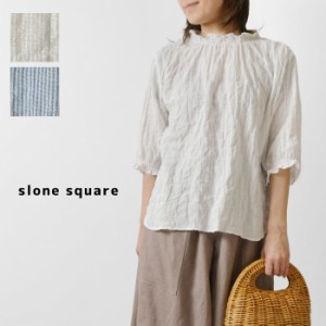 10%OFFクーポン 【slone square スロンスクエア】シャーリングストライプ スタンドネック 6分袖ブラウス (48082)レディース 春 夏 薄手 