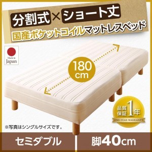 セミダブルベッド 脚付きマットレスベッド 国産ポケットコイル 脚40cm ショート丈2分割