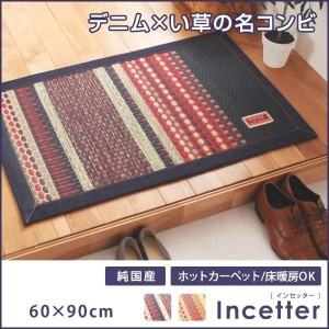 玄関マット 夏用 60×90cm おしゃれ カイハラデニム×マルチパターン柄純国産 い草 ラグマット