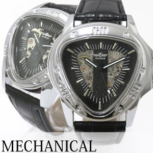 自動巻き腕時計 ATW039-BKBK トライアングルケース フルスケルトン ブラック 三角時計 レザーベルト  手巻き時計 機械式腕時計 メンズ腕