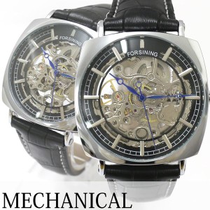 自動巻き腕時計 ATW043-SVBK スクエアケース フルスケルトン腕時計 ピンクゴールドケース レザーベルト  手巻き時計 機械式腕時計 メンズ