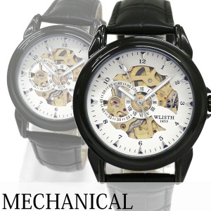 自動巻き腕時計 シンプル機能のスケルトンデザイン ブラックケース 革ベルト 機械式腕時計 WSA027-WHT メンズ腕時計 送料無料