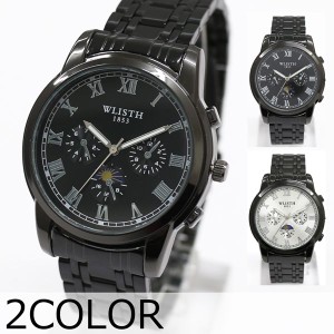 ローマ数字インデックス フェイクダイヤル ブラックメタルベルト クオーツ 電池式 WSQ009 メンズ腕時計 送料無料