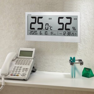 温湿度計 大型 デジタル 幅37cm 大きい 見やすい 置き掛け両用 時刻表示 カレンダー表示付き